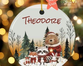 Personalized Christmas Woodland Animal Ceramic Ornament, Holiday Keepsake