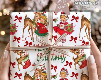 Vintage Christmas Wrapping Paper, Reindeer, Retro Girls, 1950s Holiday
