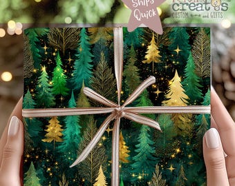 Starlit Forest Christmas Gift Wrap, Green & Gold Luxe Wrapping Paper