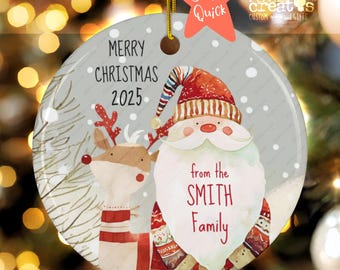 Personalized Quirky Santa & Reindeer Ceramic Ornament, Custom Family Name Christmas Gift 2025