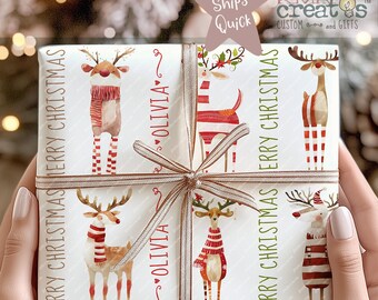 Personalized Reindeer Christmas Gift Wrap, Custom Name Holiday Wrapping Paper
