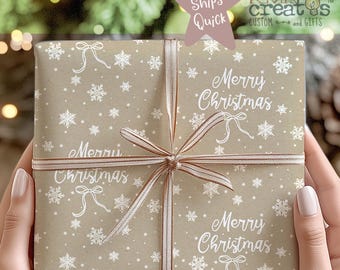 Merry Christmas Kraft Style Gift Wrapping Paper, Rustic Farmhouse Design, White Snowflakes and Bow