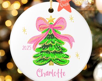 Personalized Pink Coquette Bow Christmas Tree Ornament, Custom Name Ceramic Keepsake