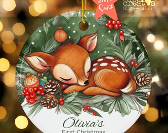 Personalized Baby Reindeer Christmas Ornament, Custom Name & Year, Woodland Holiday Keepsake Gift