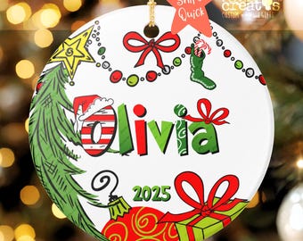 Personalized Green Grouch Ceramic Christmas Ornament, Custom Xmas Gift