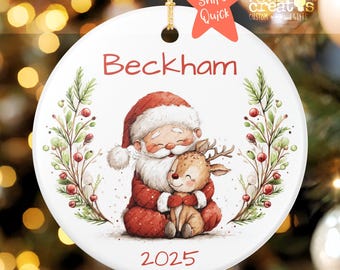Personalized Santa & Reindeer Ceramic Christmas Ornament: 2025 Keepsake