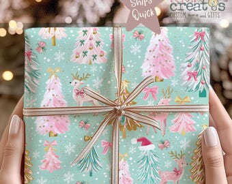 Pink and Gold Christmas Wrapping Paper, Reindeer, Trees and Holiday Bows Preppy Gift Wrap