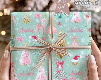 Personalized Pink and Gold Christmas Wrapping Paper, Reindeer, Trees and Holiday Bows Gift Wrap