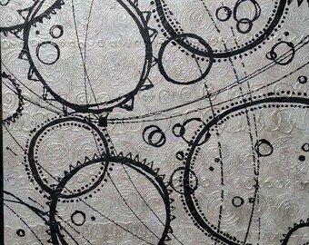 GADGETS Original Abstract BLACK & WHITE Painting Sara Larson Art Decor Stretched Canvas Texture Lines Circle Movement