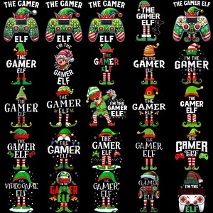May include: A black background with multiple designs featuring the text "THE GAMER ELF." The designs include elf figures, game controllers, and elf hats in green, red, and white. The overall theme is gaming and Christmas.
