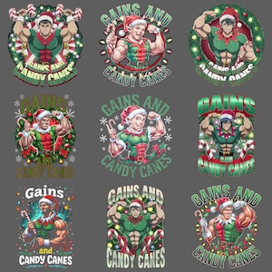 Puede incluir: Una colección de nueve ilustraciones digitales que presentan figuras musculosas vestidas con trajes de elfo y gorros de Papá Noel. Cada imagen incluye el texto "Gains and Candy Canes" en una fuente festiva, con bastones de caramelo y luces navideñas.