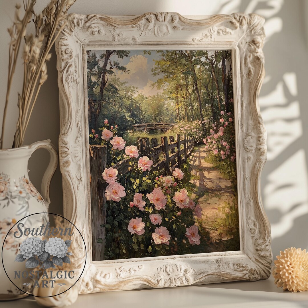 Nostalgic Wall Art | Vintage Wild Roses Path Scene | Cottagecore Rustic ...