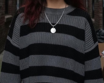 Striped Knit Crop Sweater • Goth Grunge Pullover, Alt Streetwear Gothic Emo