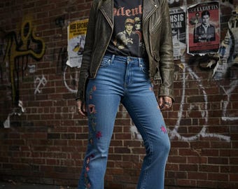 Floral Embroidered Flare Jeans  High Waisted Boho Denim Pants  Vintage Inspired Bell Bottoms Trendy Women Street Style