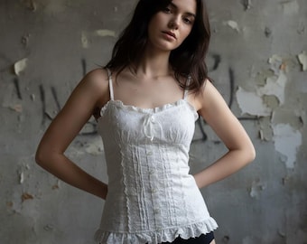 Caraco en dentelle blanche vintage | Débardeur style corset Cottagecore romantique | Chemisier d'été féminin doux
