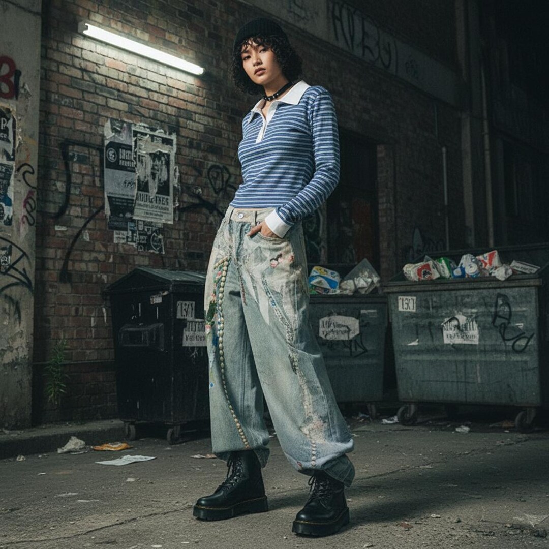 パンツ 00s Japanese Grunge Y2K Aesthetic Denim Y2K Artistic Print Wide Leg Jeans | Fairy Grunge Denim Goth - Etsy