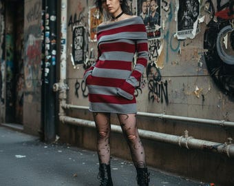 Grunge gestreepte sweaterjurk | Off-shoulder punk gothic outfit