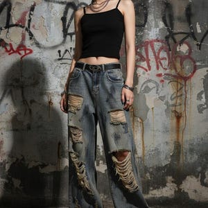 Y2k Broek Dames Esthetische Baggy Jeans Wijde Pijpen Vintage Denim Broek E-Girl Esthetische Cargo Jeans Streetwear(Color:Black,Size:X-Large