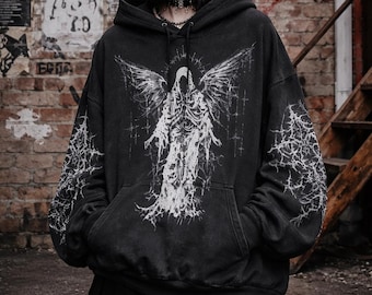 Gothic Angel Graphic Oversized Black Hoodie – Streetwear Unisex Pullover Sweatshirt