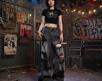 Y2K Distressed Wide Leg Jeans, Grunge Streetwear Denim Pants, 90s Skater Baggy Fit