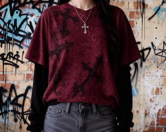 Camiseta de manga larga con calavera grunge emo Y2K: estilo urbano alternativo, estilo skater, gótico y punk