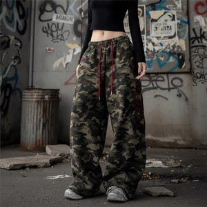 May include: Camouflage print pants with a wide leg design. The pants feature a drawstring waist with red cords. The camouflage pattern includes shades of green, brown, and black. The pants are worn with a black long-sleeve top.