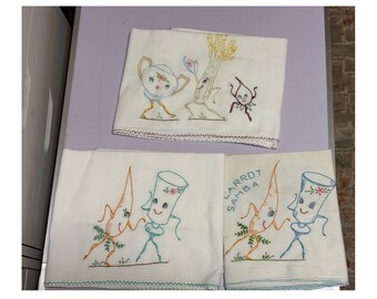 Vintage Embroidered Vegetable Tea Towels Lot of 3