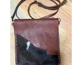 Handmade Leather Hair On Hide Crossbody Bag Brown Adjustable Strap