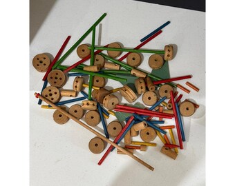 Vintage Tinkertoy Wooden Parts Lot Spools Rods Classic Construction Toy