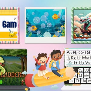 May include: A digital educational interface featuring a Matching Game, an underwater bubble scene, a dragon boat, a Snakes and Ladders game, and an alphabet keyboard. Two children sit on a large yellow pencil, with the alphabet displayed above a keyboard.