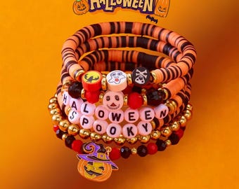 Set Halloween-stretcharmbanden | Spookpompoen vleermuis bedel stapelarmbanden | Spookachtige schattige kralensieraden | Herfstcadeau voor haar