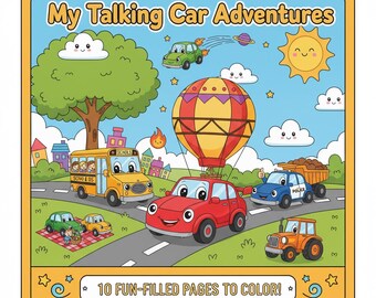 May include: A colorful children's coloring book cover titled "My Talking Car Adventures." The image features cartoon cars, a school bus, a hot air balloon, and a smiling sun. The text reads "10 FUN-FILLED PAGES TO COLOR!"