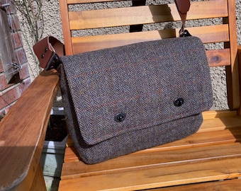 Tweed Messenger Bag with leather strap - fabric satchel for Tablet, Camera, eReader, Laptop