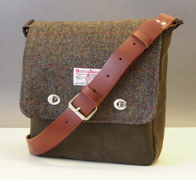 Waxed Cotton Slim Messenger Bag With Harris Tweed Flap and Etsy