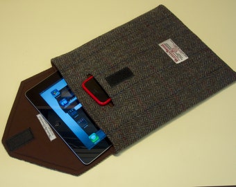 Tablet case with padded Harris Tweed cover and Phone pouch