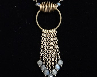 Labradorite and Gold Chain Pendant Tassel Necklace