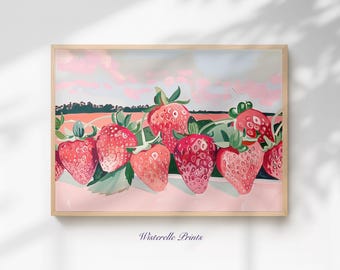 Strawberry Pastel Wall Art Print - Cottagecore Farmhouse Fruit Harvest Kitchen Decor (Digital Download)
