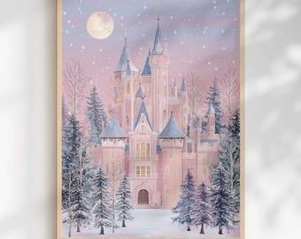 Winter Princess Castle Wall Art Print: Pastel Whimsical Fairytale Kids Room Decor (Digital Download)