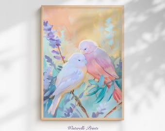 Lovebirds Wand Kunst Druck romantische Pastell Vogel Malerei: Paare Kunstwerk für Schlafzimmer Wohnzimmer (Digitaler Download)