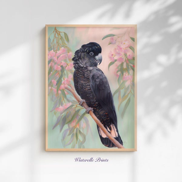 Black Cockatoo Wall Art Print Pastel Bird Painting: Australian Animal Artwork for Wildlife Nursery (Digital Download)