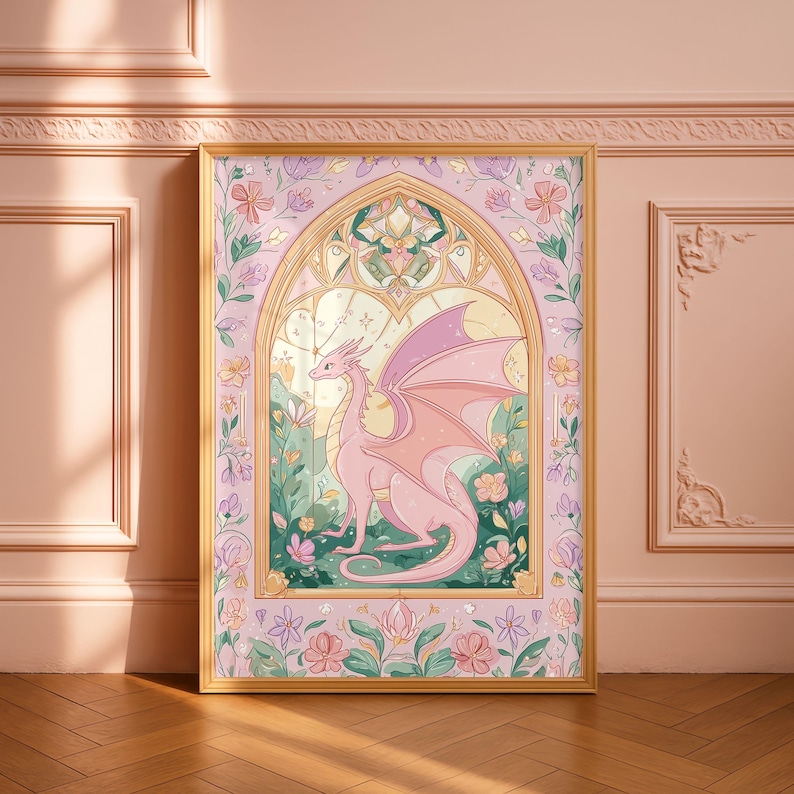 Dragon Stained Glass Window Wall Art Print: Pastel Fantasy Dorm Decor ...
