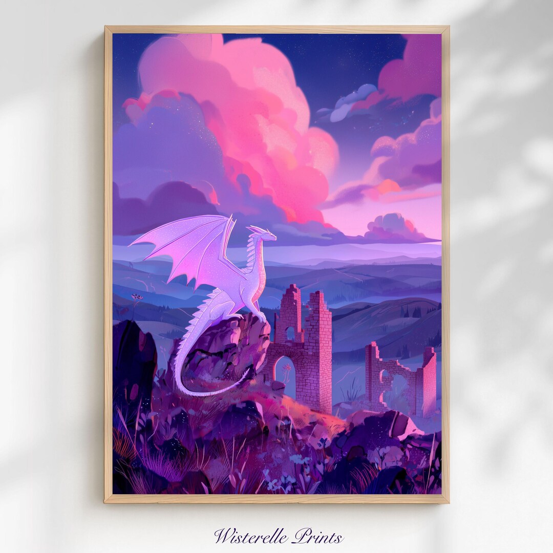 Whimsical Dragon Wall Art Print: Purple Moonlight Fantasy Kids Room ...