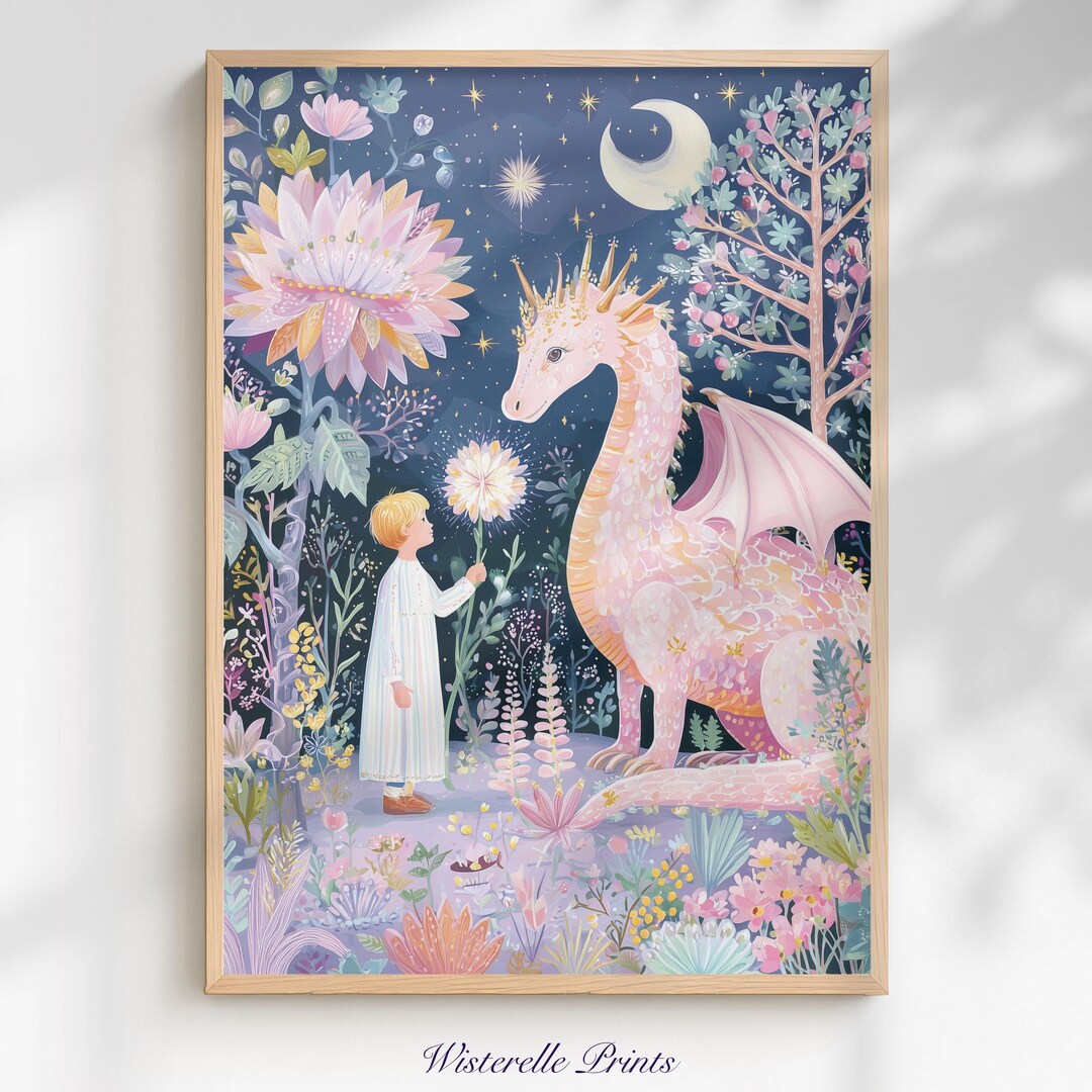 Boy and Dragon Wall Art Print: Whimsical Blue Fantasy Kids Room Decor ...