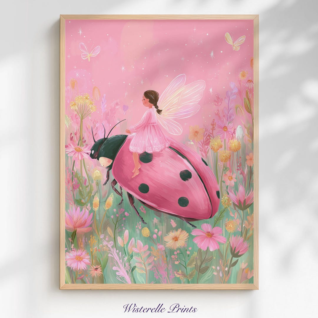 Fairy Ladybug Wall Art Print: Pink Enchanted Cottagecore Girls Room ...