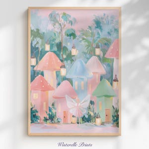 Puede incluir: Una impresión artística enmarcada que presenta un pueblo de hadas caprichoso con casas en forma de hongo en colores pastel. La obra de arte incluye un hada con alas y faroles colgantes, sobre un fondo de árboles. El texto "Wisterelle Prints" está en la parte inferior.
