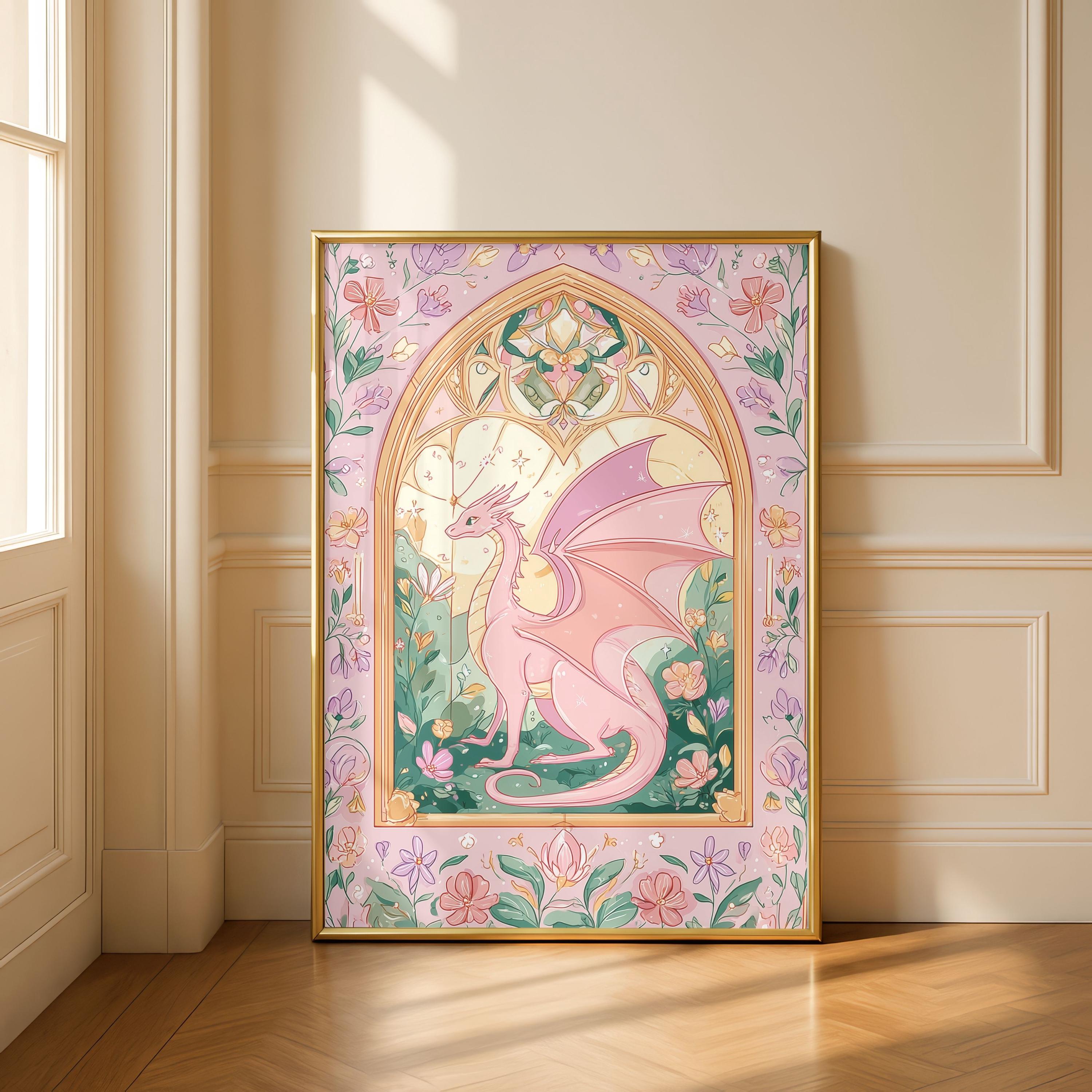 Dragon Stained Glass Window Wall Art Print: Pastel Fantasy Dorm Decor ...