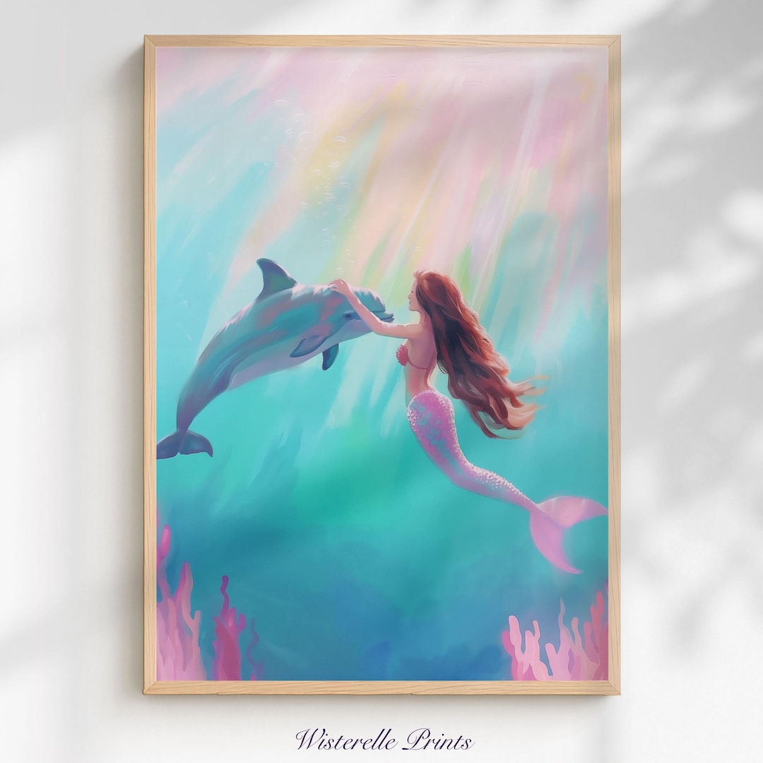 Colorful Mermaid Dolphin Wall Art Print Whimsical Fairytale Underwater