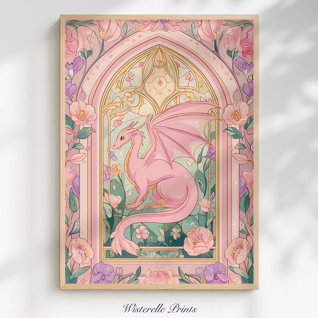 Dragon Stained Glass Window Wall Art Print: Pastel Fantasy Dorm Decor ...