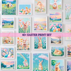 Puede incluir: Una colección de láminas artísticas enmarcadas con temática de Pascua. Las láminas presentan colores pastel y representan conejitos, pollitos, huevos y paisajes primaverales. El texto "40+ EASTER PRINT SET" se muestra.