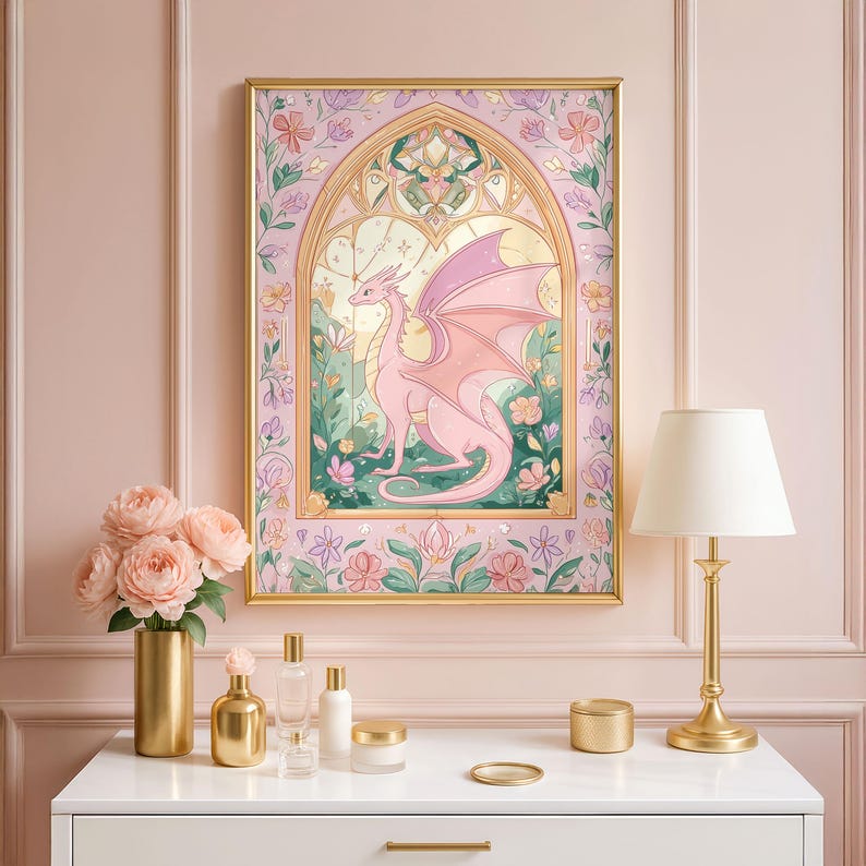 Dragon Stained Glass Window Wall Art Print: Pastel Fantasy Dorm Decor ...